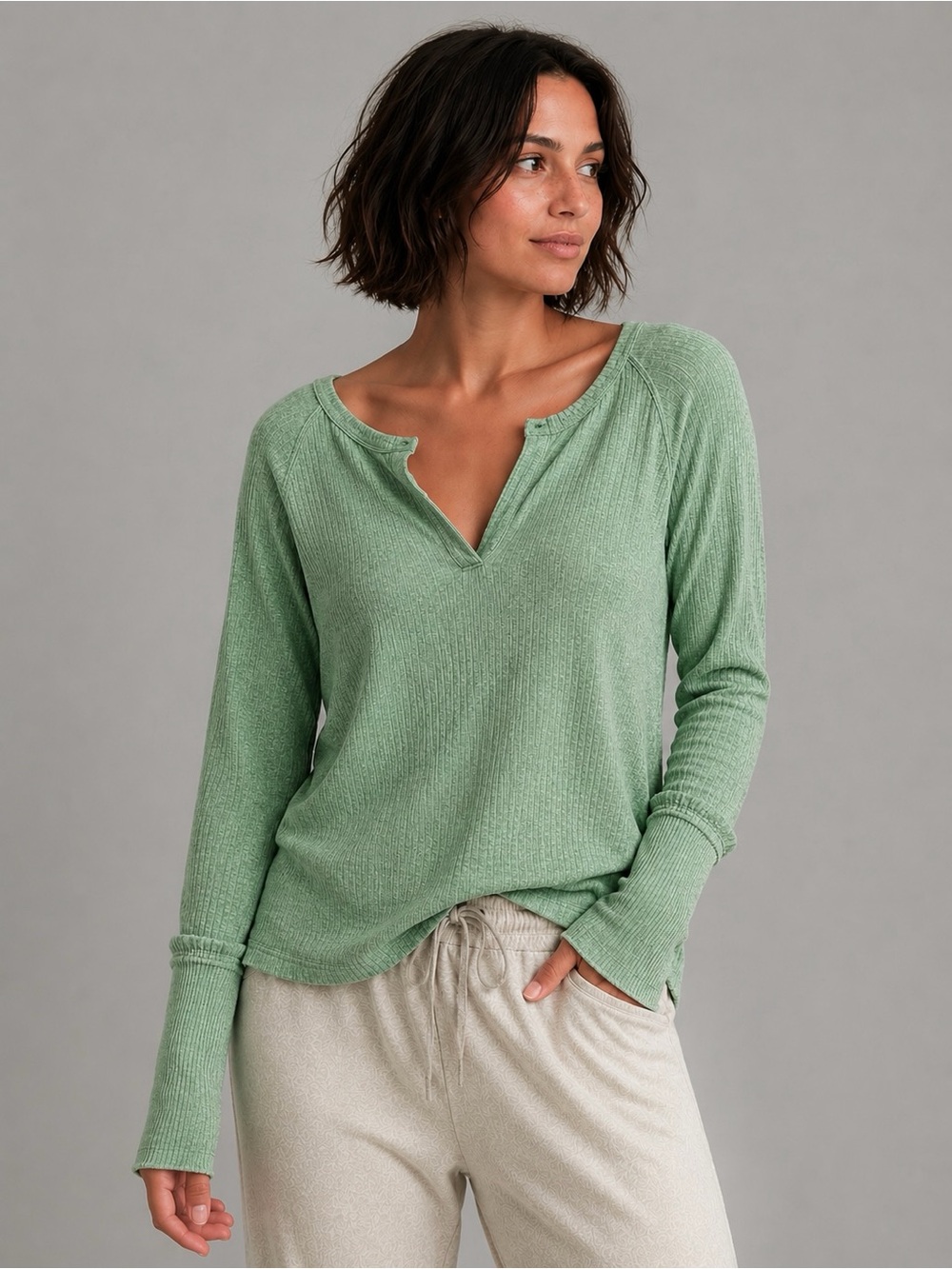 Women's Light Sage Long Sleeve Waffle Henley Top